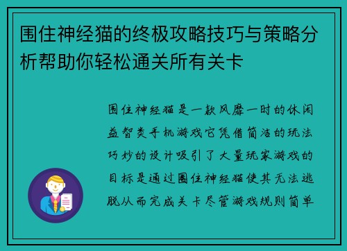 围住神经猫的终极攻略技巧与策略分析帮助你轻松通关所有关卡